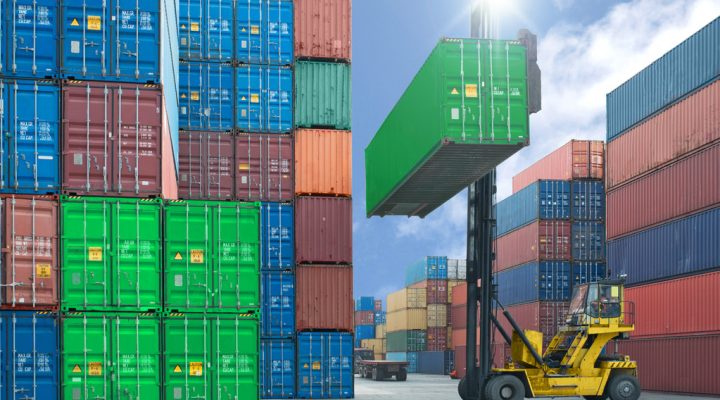 forklift handling container box loading to truck in import expor